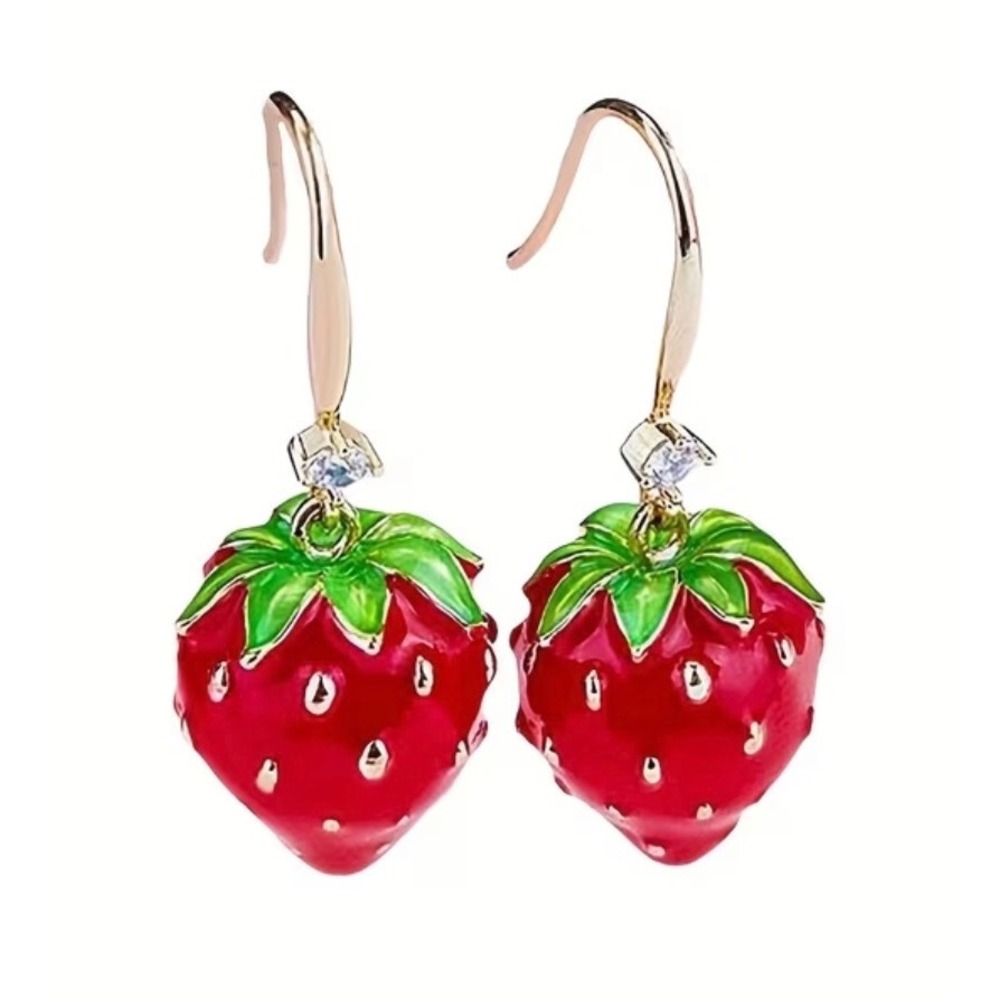 Strawberry Drop‎ Earrings Women Red Enamel Fruit Dangle NWT